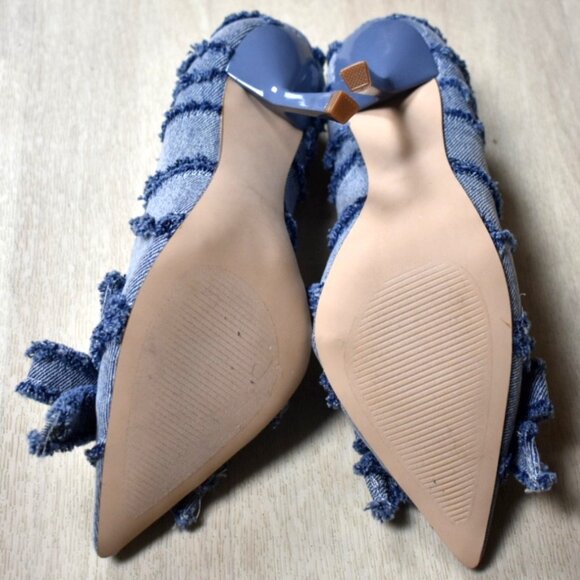 Steve Madden Barbi Blue Denim Frayed Bow Stiletto Heels Coquette - Picture 6 of 8
